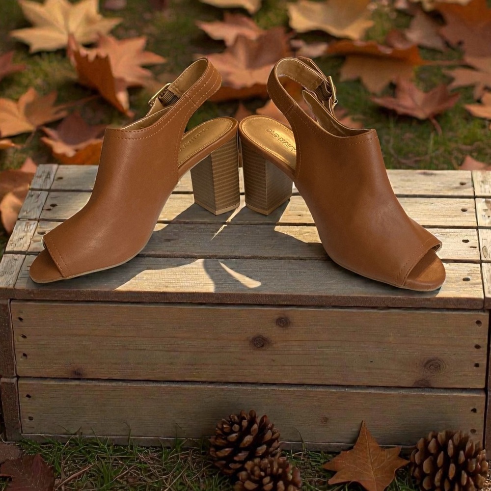 Old Navy Sz 8 Slingback Block Heel 3.5” New Cognac Open Toe Boot Great Condition